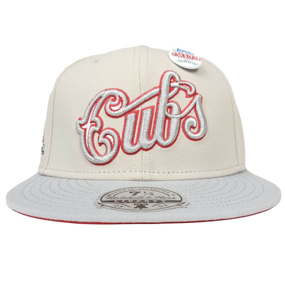 Chicago Cubs Mitchell & Ness x Topps MLB Fitted 7 1/4 Flatbill Hat Cap Cream NWT